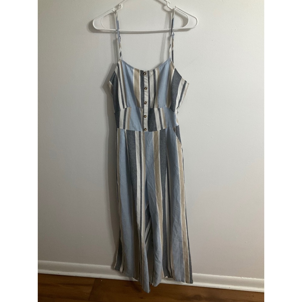 Ci Sono Los Angeles Striped Wide Leg Jumpsuit Blue Tan Large Tie Back Pocket